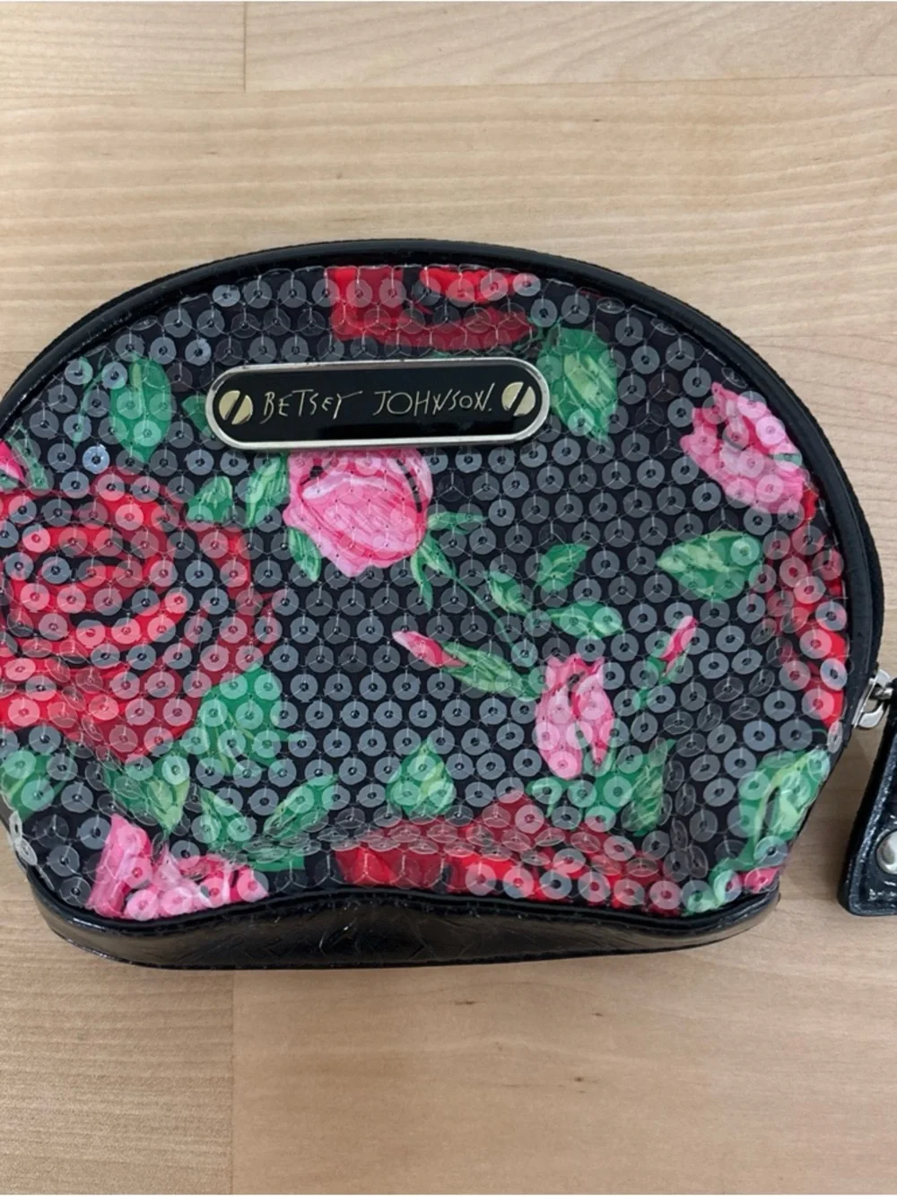 Betsey Johnson Black Cosmetic Pouch with Pink & Red Floral Sequins - Picture 2 of 7